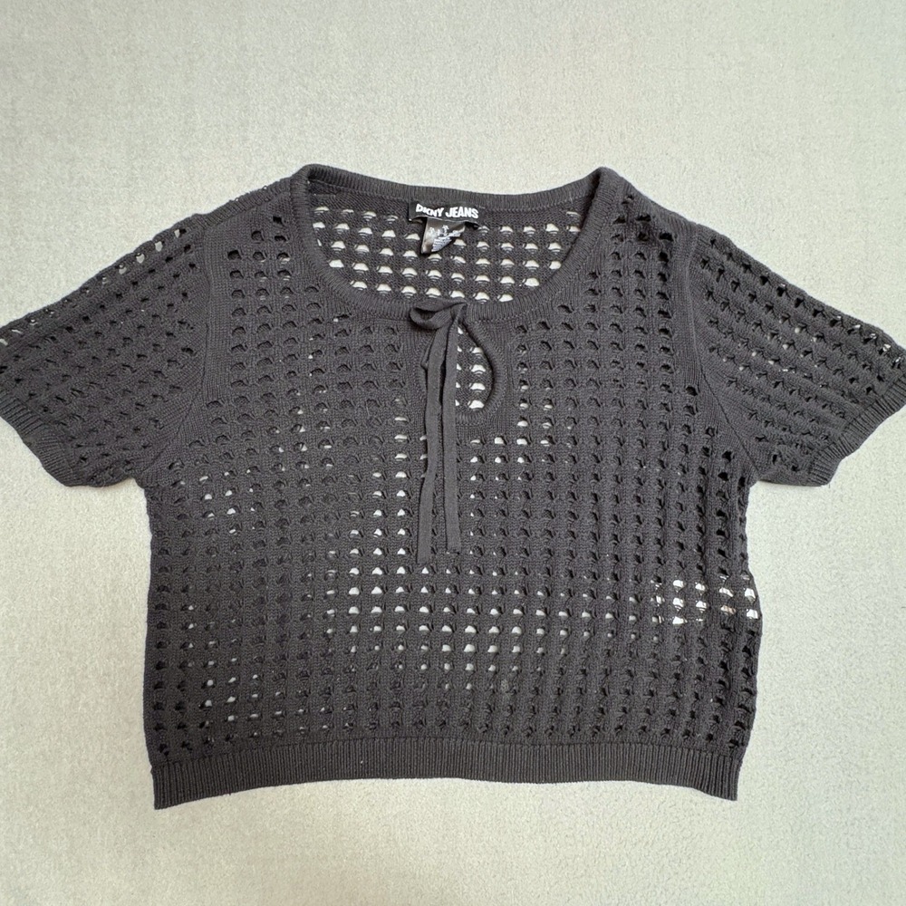 DKNY Jeans Black Open Knit Crochet Tie Front Short Sleeve‎ Sweater Top Small